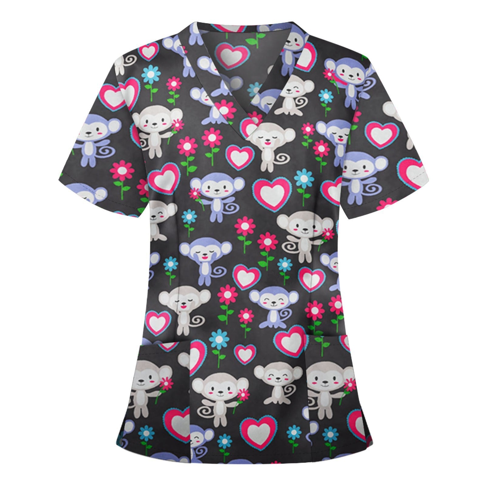 Wholesale Women's V-neck Cartoon Printed Pockets Polyester Work Clothes